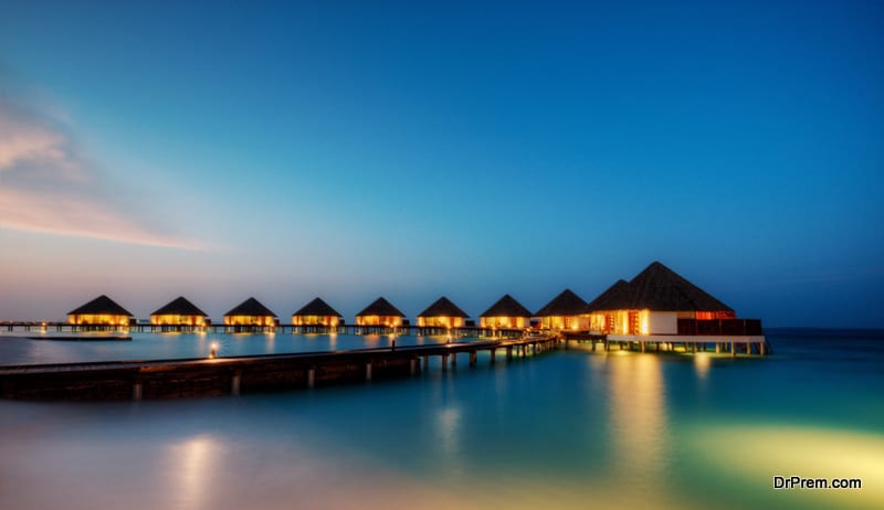 Water villas in hotel resort, Indian ocean, Maldives